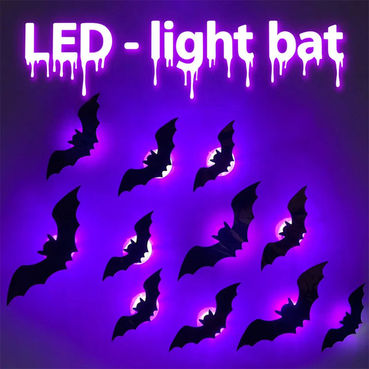 Halloween 3D Bat Wall Sticker Light Up Glowing Flashing Bat Decal Spooky Party Window Room Home Decoration Easy Setup Decor