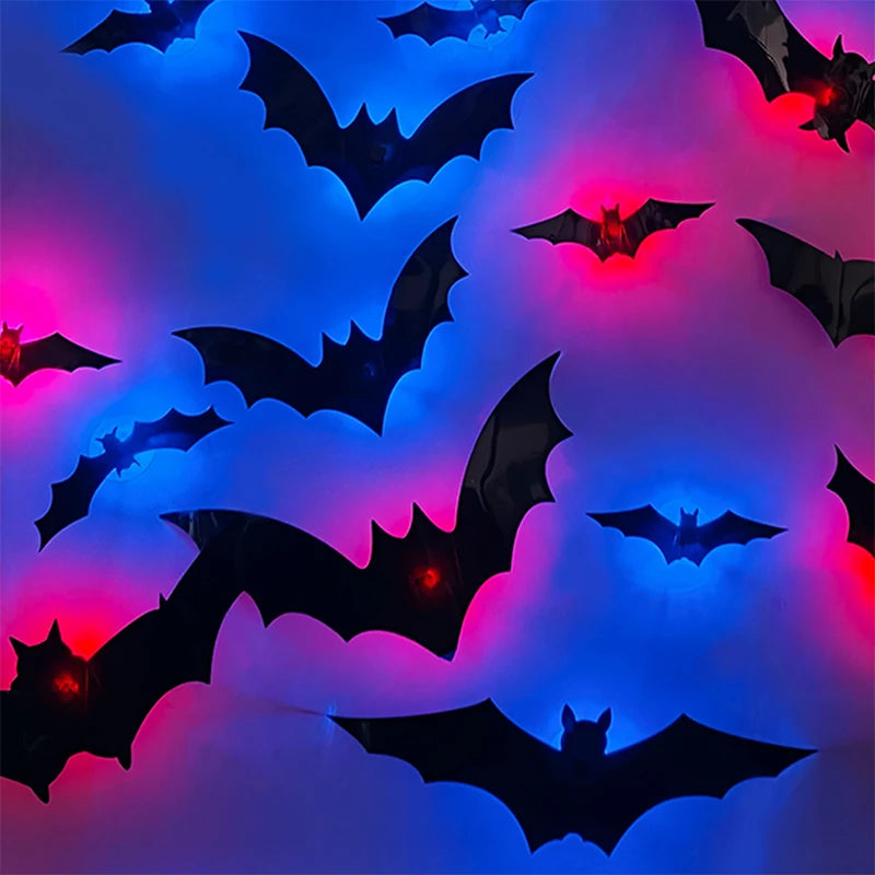 Halloween 3D Bat Wall Sticker Light Up Glowing Flashing Bat Decal Spooky Party Window Room Home Decoration Easy Setup Decor