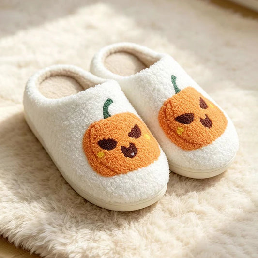 Halloween Pumpkin Fluffy Slippers Women Spooky Indoor Cozy Winter Slides Footwear Party Holiday Shoes Unisex Lightweight Silent