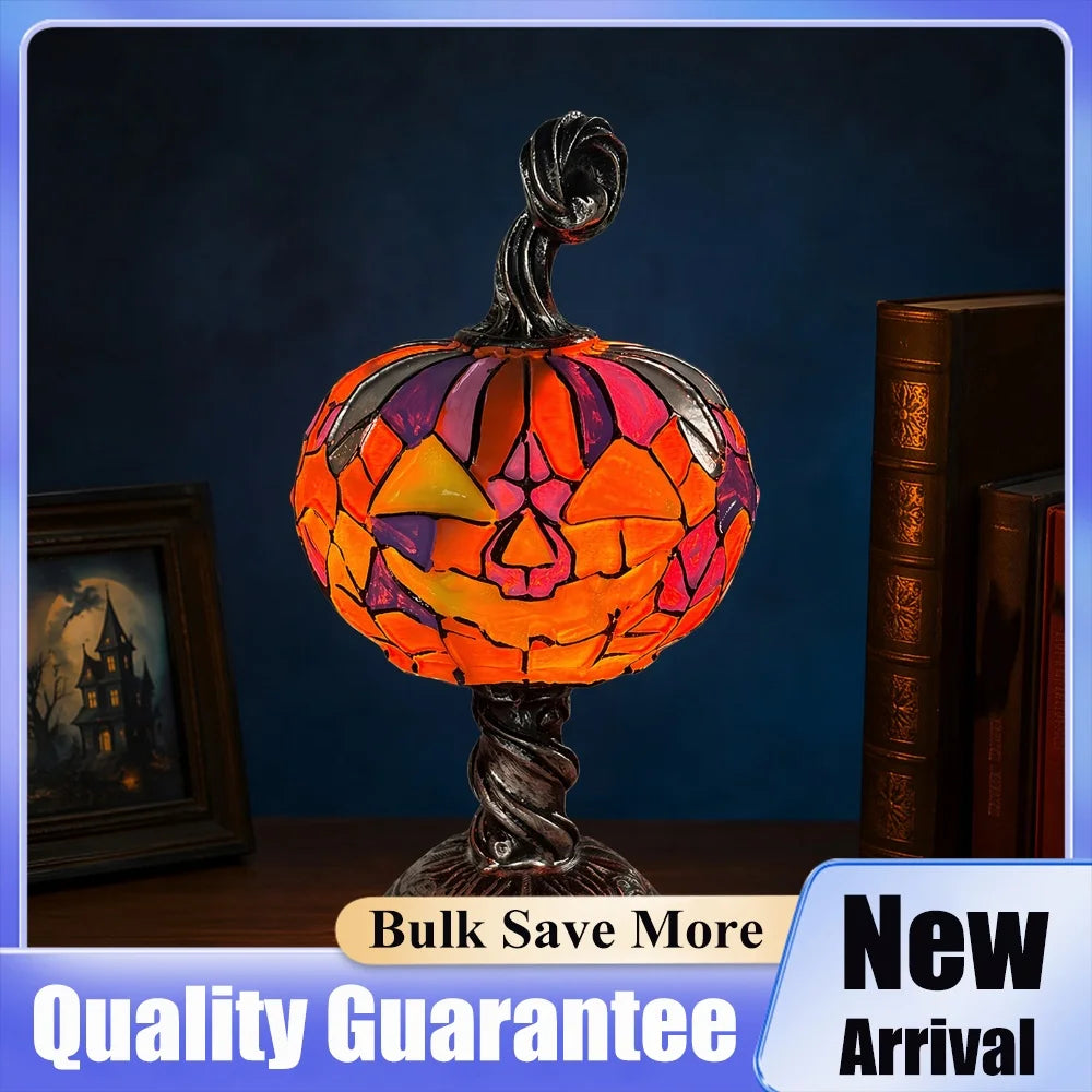 Gothic Witch Hat Lamp Resin Stained Glass Pumpkin Lamp USB Powered Skull & Ghost Stained Glass Table Lamps Halloween Decorations