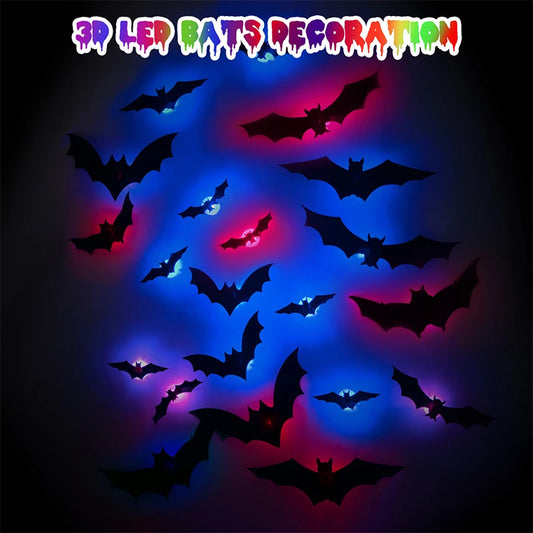 Halloween 3D Bat Wall Sticker Light Up Glowing Flashing Bat Decal Spooky Party Window Room Home Decoration Easy Setup Decor