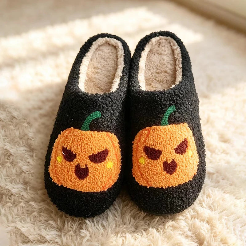 Halloween Pumpkin Fluffy Slippers Women Spooky Indoor Cozy Winter Slides Footwear Party Holiday Shoes Unisex Lightweight Silent