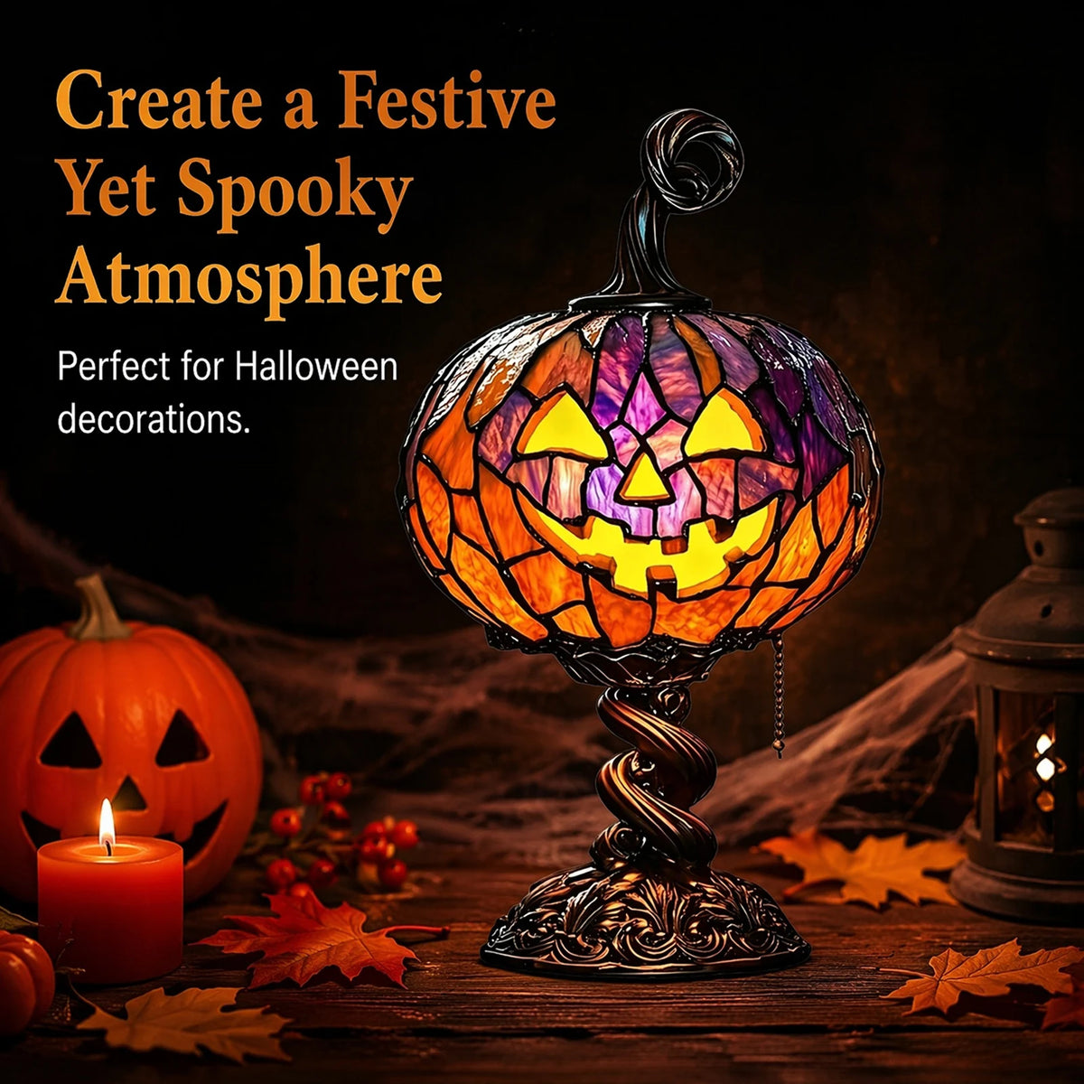 Gothic Witch Hat Lamp Resin Stained Glass Pumpkin Lamp USB Powered Skull & Ghost Stained Glass Table Lamps Halloween Decorations