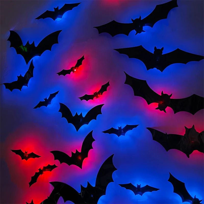Halloween 3D Bat Wall Sticker Light Up Glowing Flashing Bat Decal Spooky Party Window Room Home Decoration Easy Setup Decor