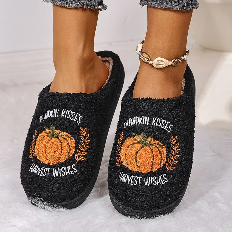 Halloween Pumpkin Fluffy Slippers Women Spooky Indoor Cozy Winter Slides Footwear Party Holiday Shoes Unisex Lightweight Silent