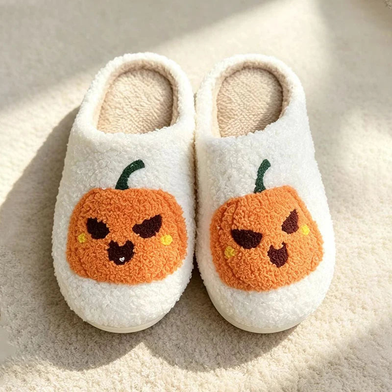 Halloween Pumpkin Fluffy Slippers Women Spooky Indoor Cozy Winter Slides Footwear Party Holiday Shoes Unisex Lightweight Silent