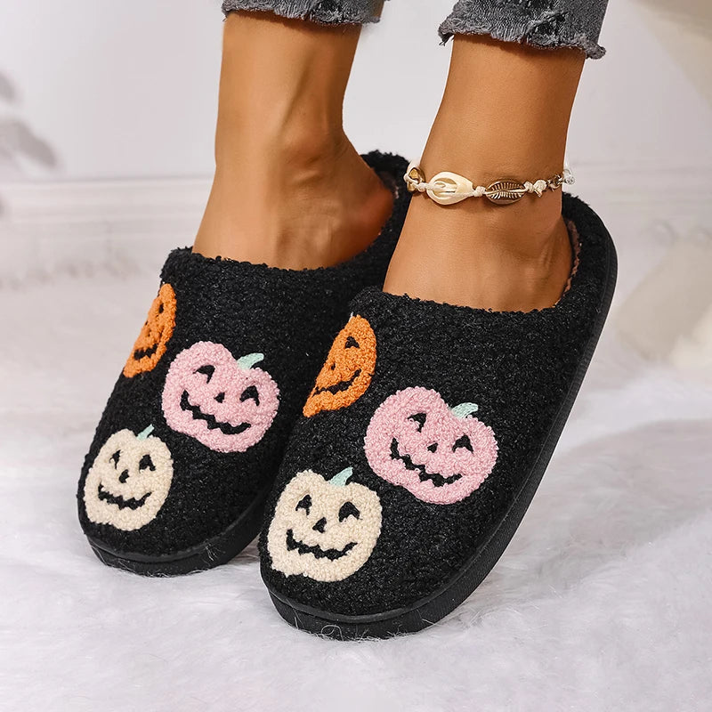 Halloween Pumpkin Fluffy Slippers Women Spooky Indoor Cozy Winter Slides Footwear Party Holiday Shoes Unisex Lightweight Silent