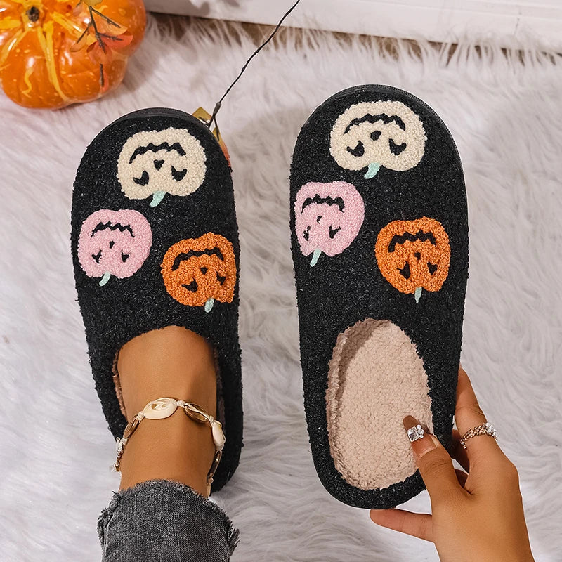 Halloween Pumpkin Fluffy Slippers Women Spooky Indoor Cozy Winter Slides Footwear Party Holiday Shoes Unisex Lightweight Silent