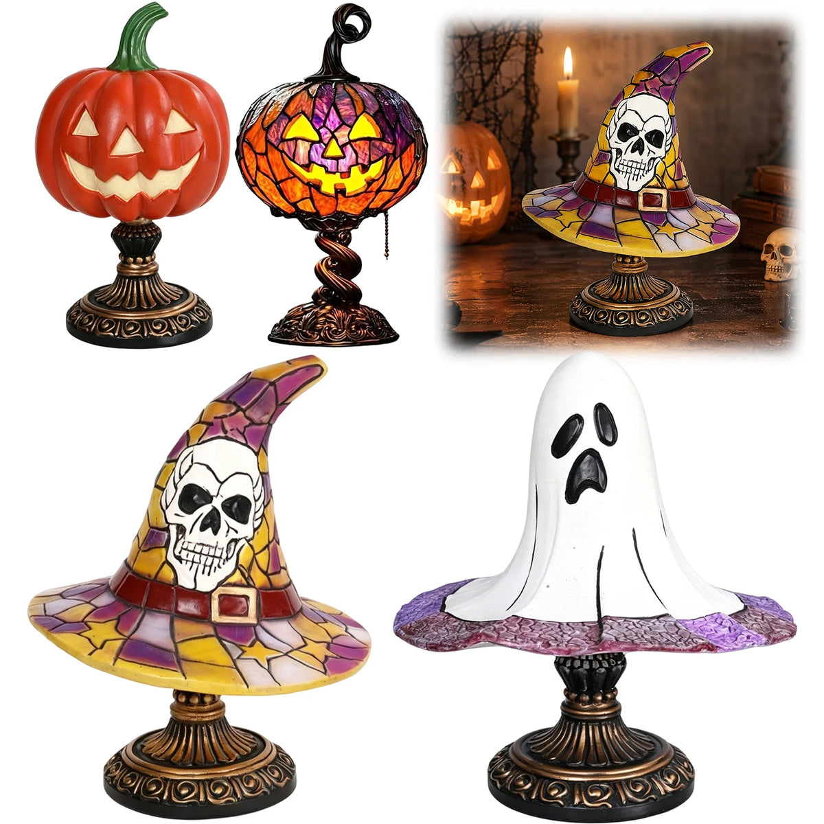 Gothic Witch Hat Lamp Resin Stained Glass Pumpkin Lamp USB Powered Skull & Ghost Stained Glass Table Lamps Halloween Decorations