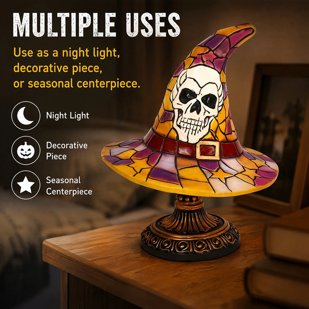 Gothic Witch Hat Lamp Resin Stained Glass Pumpkin Lamp USB Powered Skull & Ghost Stained Glass Table Lamps Halloween Decorations